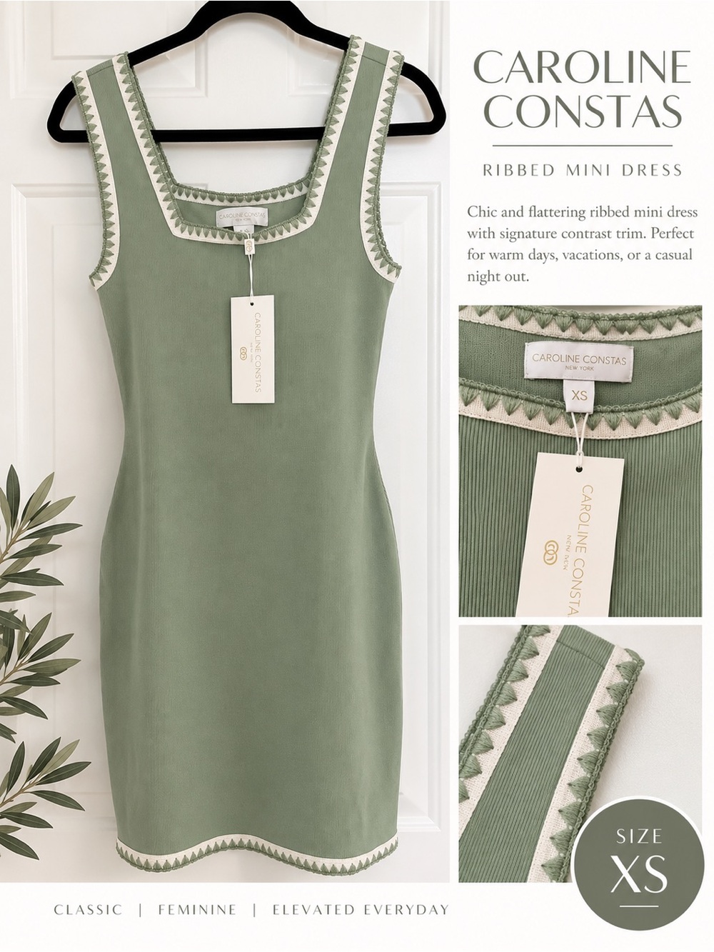 Caroline Constas Sage Green Mini Dress with Cream Trim